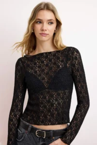 TRENDYOLMİLLA Black Plain Fitted Crew Neck Drop Sleeve LONG Lace Knitting Blouse