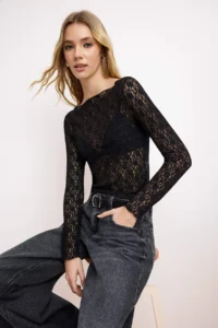 TRENDYOLMİLLA Black Plain Fitted Crew Neck Drop Sleeve LONG Lace Knitting Blouse - Image 2