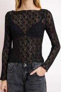 TRENDYOLMİLLA Black Plain Fitted Crew Neck Drop Sleeve LONG Lace Knitting Blouse - Image 3
