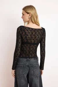 TRENDYOLMİLLA Black Plain Fitted Crew Neck Drop Sleeve LONG Lace Knitting Blouse - Image 4