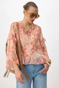 TRENDYOLMİLLA Multicolored Floral Standard Bodysuit Ruffle Detailed Transparent Siphon Blouse