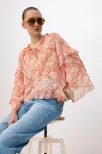 TRENDYOLMİLLA Multicolored Floral Standard Bodysuit Ruffle Detailed Transparent Siphon Blouse - Image 2