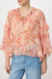 TRENDYOLMİLLA Multicolored Floral Standard Bodysuit Ruffle Detailed Transparent Siphon Blouse - Image 3