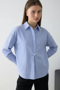 TRENDYOLMİLLA BLUE-Beige Striped Half buttoned Oversized Weaving Blouse