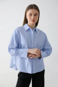 TRENDYOLMİLLA BLUE-Beige Striped Half buttoned Oversized Weaving Blouse - Image 2