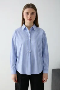 TRENDYOLMİLLA BLUE-Beige Striped Half buttoned Oversized Weaving Blouse - Image 3