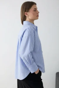 TRENDYOLMİLLA BLUE-Beige Striped Half buttoned Oversized Weaving Blouse - Image 4