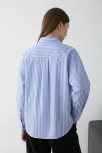 TRENDYOLMİLLA BLUE-Beige Striped Half buttoned Oversized Weaving Blouse - Image 5