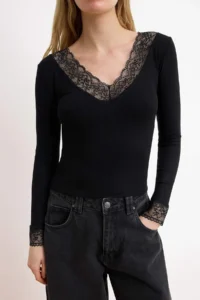 TRENDYOLMİLLA Black Fitted V-neck Lace Detailed Soft Knitting Blouse - Image 3