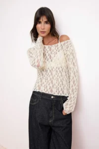 TRENDYOLMİLLA Ecru Fitted Boat Neck Long Sleeve Lace Knitting Blouse