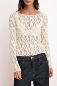 TRENDYOLMİLLA Ecru Fitted Boat Neck Long Sleeve Lace Knitting Blouse - Image 3