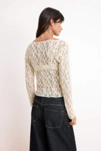 TRENDYOLMİLLA Ecru Fitted Boat Neck Long Sleeve Lace Knitting Blouse - Image 4