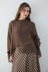 TRENDYOLMİLLA Brown Oversized Thin Draped Weaving Blouse - Image 2