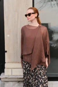 TRENDYOLMİLLA Brown Oversized Thin Draped Weaving Blouse - Image 4