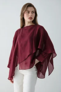 TRENDYOLMİLLA Burgundy Oversized Thin Draped Weaving Blouse - Image 2