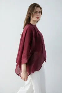 TRENDYOLMİLLA Burgundy Oversized Thin Draped Weaving Blouse - Image 3