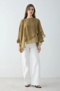 TRENDYOLMİLLA Green Oversized Thin Draped Weaving Blouse - Image 2