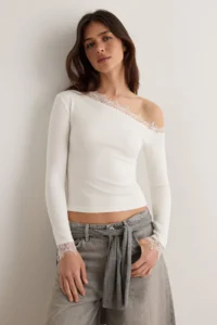 TRENDYOLMİLLA Ecru Fitted Asymmetric Collar Long Sleeve Lace Detailed Tulle Knitting Blouse - Image 2