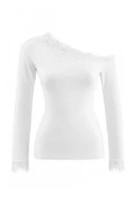 TRENDYOLMİLLA Ecru Fitted Asymmetric Collar Long Sleeve Lace Detailed Tulle Knitting Blouse - Image 5