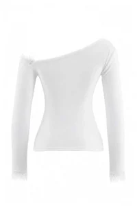 TRENDYOLMİLLA Ecru Fitted Asymmetric Collar Long Sleeve Lace Detailed Tulle Knitting Blouse - Image 7