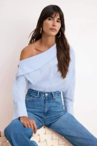 TRENDYOLMİLLA BLUE Striped Asymmetric Collar Weaving Blouse