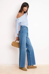TRENDYOLMİLLA BLUE Striped Asymmetric Collar Weaving Blouse - Image 2