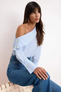 TRENDYOLMİLLA BLUE Striped Asymmetric Collar Weaving Blouse - Image 3