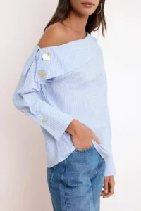 TRENDYOLMİLLA BLUE Striped Asymmetric Collar Weaving Blouse - Image 4