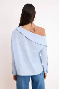 TRENDYOLMİLLA BLUE Striped Asymmetric Collar Weaving Blouse - Image 5