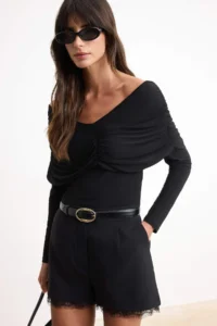 TRENDYOLMİLLA Black Fitted Carmen Collar Shirring Detailed Long Sleeve Knitting Blouse - Image 2