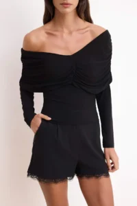 TRENDYOLMİLLA Black Fitted Carmen Collar Shirring Detailed Long Sleeve Knitting Blouse - Image 3