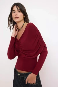 TRENDYOLMİLLA Burgundy Fitted Carmen Collar Ruffle Detailed Long Sleeve Knitting Blouse