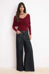 TRENDYOLMİLLA Burgundy Fitted Carmen Collar Ruffle Detailed Long Sleeve Knitting Blouse - Image 2
