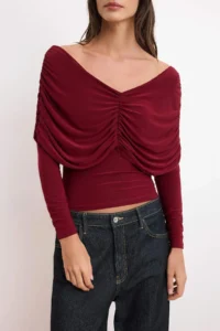 TRENDYOLMİLLA Burgundy Fitted Carmen Collar Ruffle Detailed Long Sleeve Knitting Blouse - Image 3