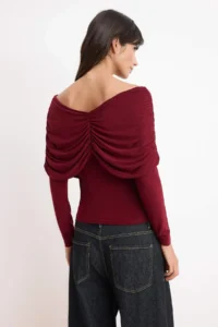 TRENDYOLMİLLA Burgundy Fitted Carmen Collar Ruffle Detailed Long Sleeve Knitting Blouse - Image 4