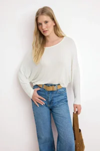 TRENDYOLMİLLA Ecru relaxed Boat Neck Drop Sleeve Long Sleeve Knitwear look Knitting Blouse - Image 2