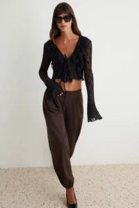 TRENDYOLMİLLA Black Fitted/Body-fitting Double breasted Long Sleeve with flywheel/Frilly Lace Knitting Blouse - Image 2