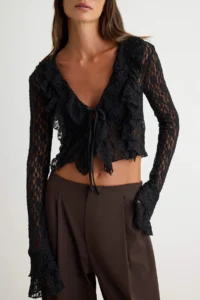 TRENDYOLMİLLA Black Fitted/Body-fitting Double breasted Long Sleeve with flywheel/Frilly Lace Knitting Blouse - Image 3