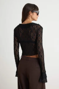 TRENDYOLMİLLA Black Fitted/Body-fitting Double breasted Long Sleeve with flywheel/Frilly Lace Knitting Blouse - Image 4