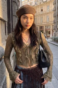 TRENDYOLMİLLA Khaki Fitted Front tied up with flywheel/Frilly Lace Knitting Blouse - Image 2