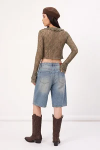 TRENDYOLMİLLA Khaki Fitted Front tied up with flywheel/Frilly Lace Knitting Blouse - Image 4