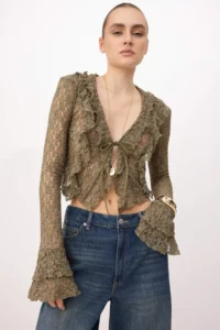 TRENDYOLMİLLA Khaki Fitted Front tied up with flywheel/Frilly Lace Knitting Blouse - Image 5