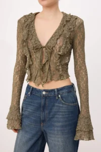 TRENDYOLMİLLA Khaki Fitted Front tied up with flywheel/Frilly Lace Knitting Blouse - Image 7