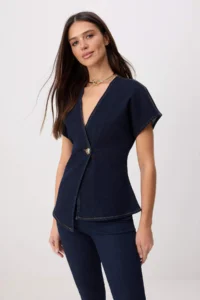 TRENDYOLMİLLA DARK BLUE Button Detailed V-neck Asymmetric DENIM Blouse - Image 2