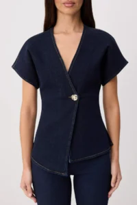 TRENDYOLMİLLA DARK BLUE Button Detailed V-neck Asymmetric DENIM Blouse - Image 3