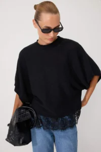 TRENDYOLMİLLA Black Lace Detailed Oversized Short Sleeve Knitwear Blouse