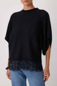TRENDYOLMİLLA Black Lace Detailed Oversized Short Sleeve Knitwear Blouse - Image 3