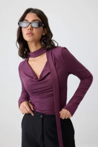 TRENDYOLMİLLA Plum Plain Regular Scarf Collar Standard Sleeve LONG Soft Knitting Blouse