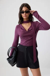 TRENDYOLMİLLA Plum Plain Regular Scarf Collar Standard Sleeve LONG Soft Knitting Blouse - Image 2