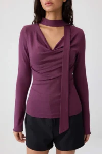 TRENDYOLMİLLA Plum Plain Regular Scarf Collar Standard Sleeve LONG Soft Knitting Blouse - Image 3